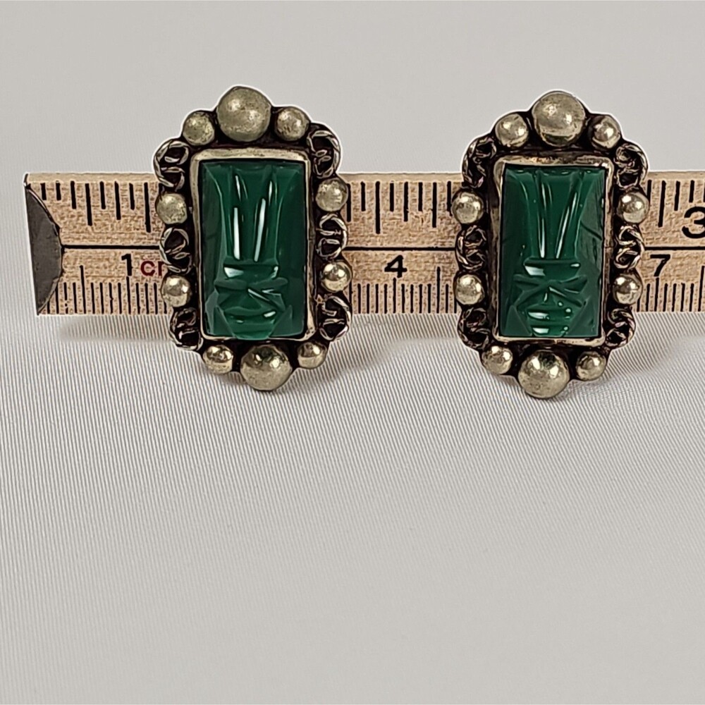 Vintage Mexico Alpaca Silver Green Onyx Carved Mayan Screw Back Earrings